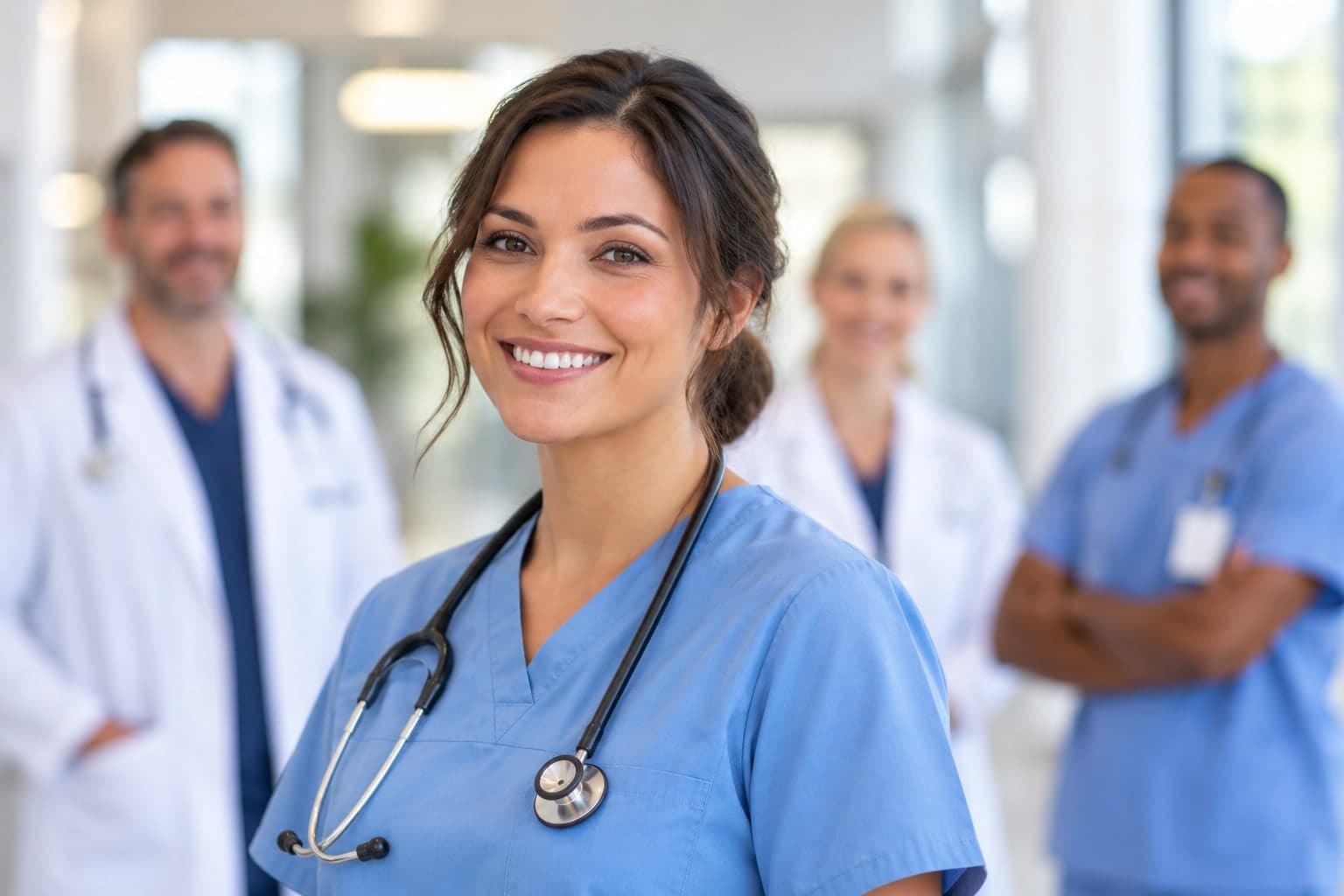 A nurse at the clinic, with colleagues behind her