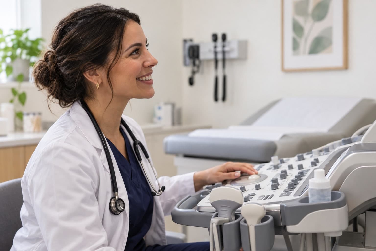 A doctor at an ultrasound machine in a clinic room