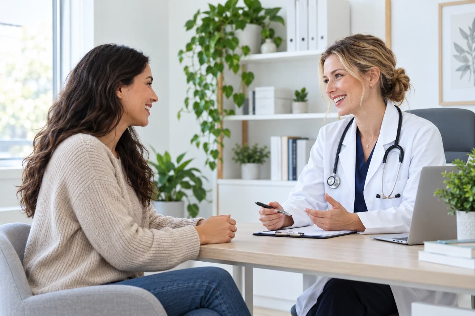 A woman in conversation with her doctor in a consulting room